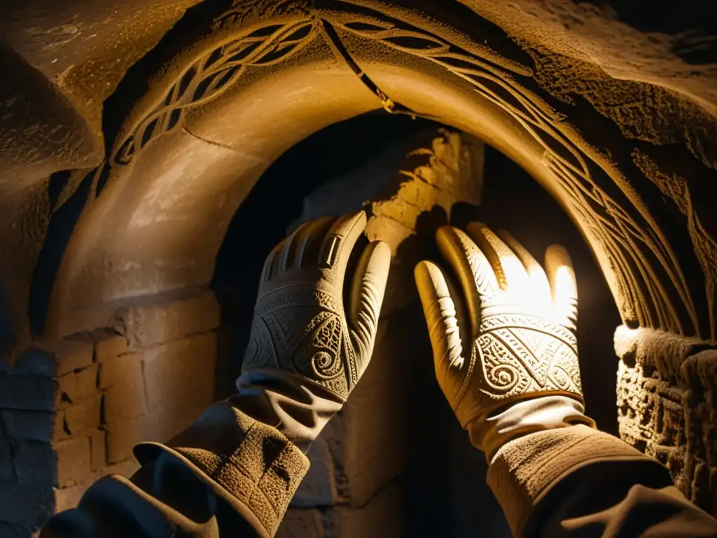 Un par de manos con guantes exploran las antiguas esculturas en un túnel histórico