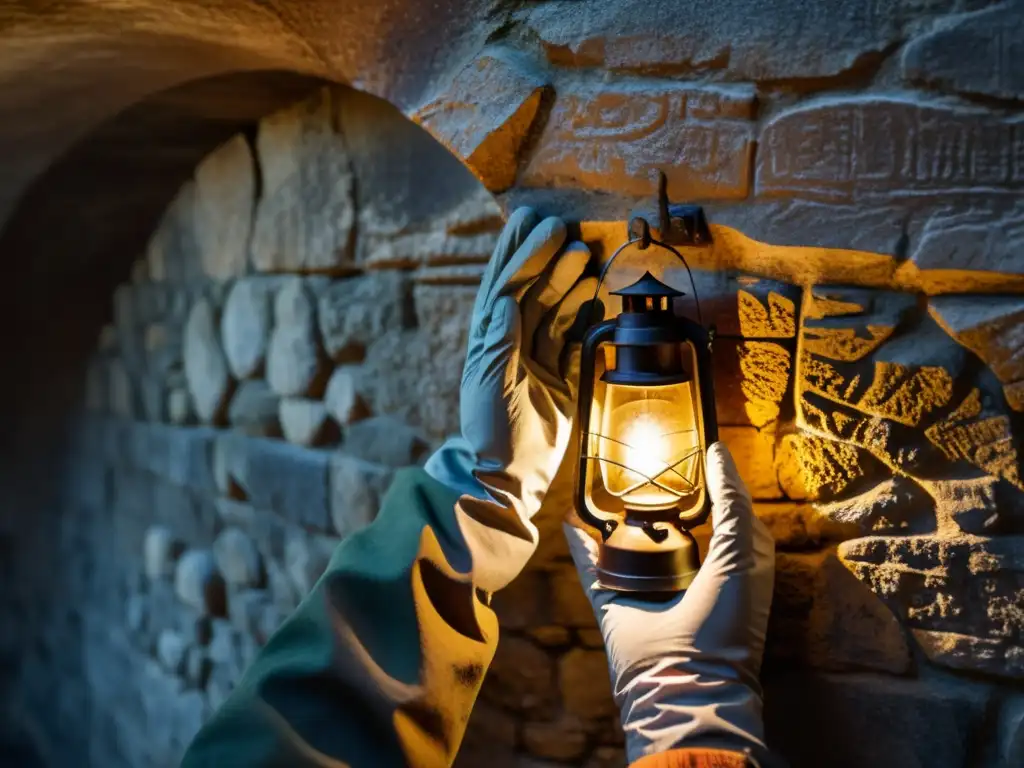 Un par de manos con guantes protectores exploran con cuidado una antigua pared de piedra en un túnel histórico, iluminadas por una linterna