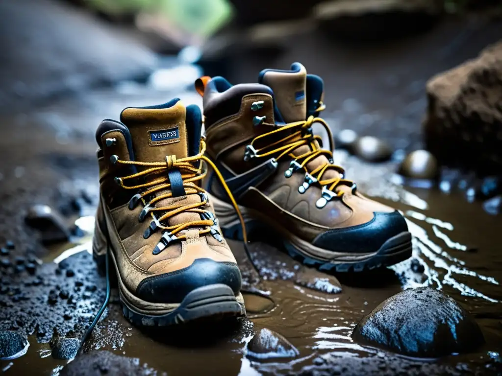 Un par de resistentes botas de exploración subterránea, cubiertas de barro, descansan en un terreno rocoso y oscuro