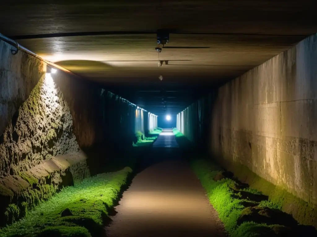 Fotografía de túnel secreto con paredes de musgo, luz tenue y atmósfera misteriosa