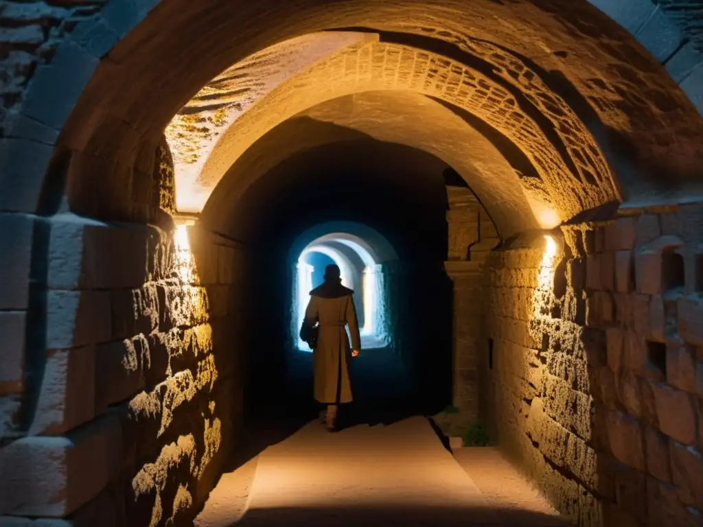 Un pasadizo subterráneo iluminado débilmente con antiguas paredes de piedra, arcos y figuras misteriosas