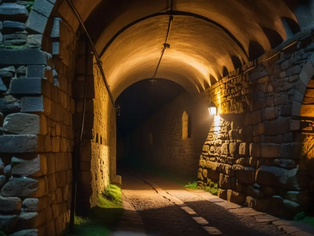 Un pasaje medieval estrecho y oscuro iluminado por antorchas, con sombras danzantes y un aire de misterio