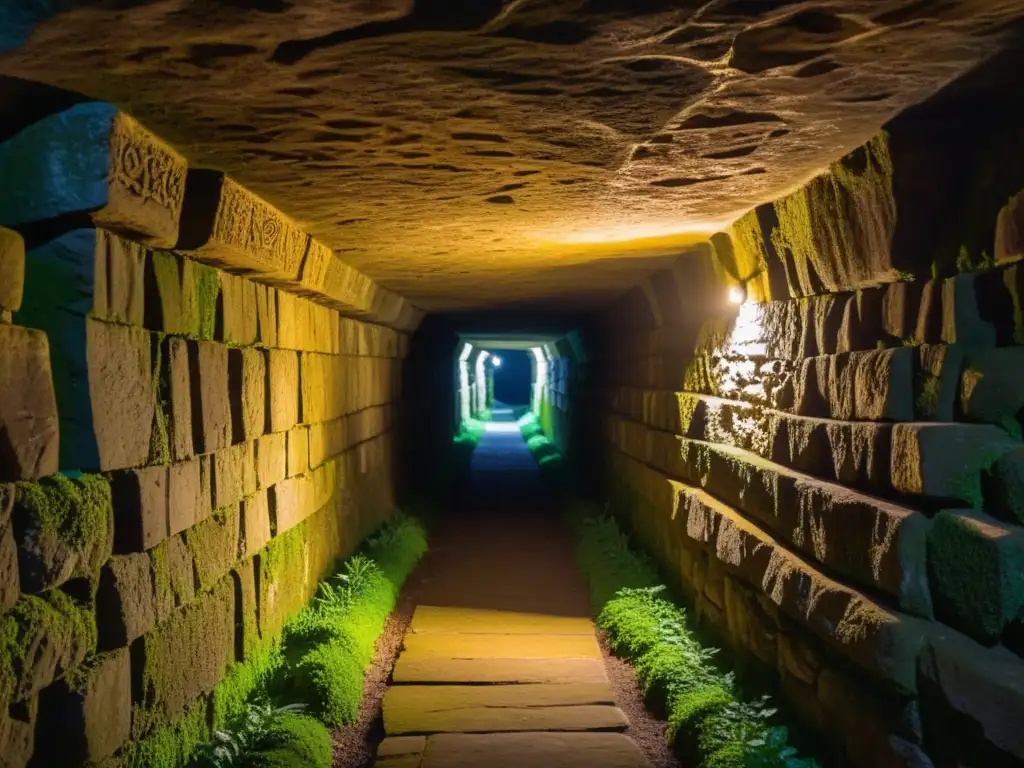 Un pasaje subterráneo en penumbra en las catacumbas de París, con antiguas paredes de piedra cubiertas de musgo