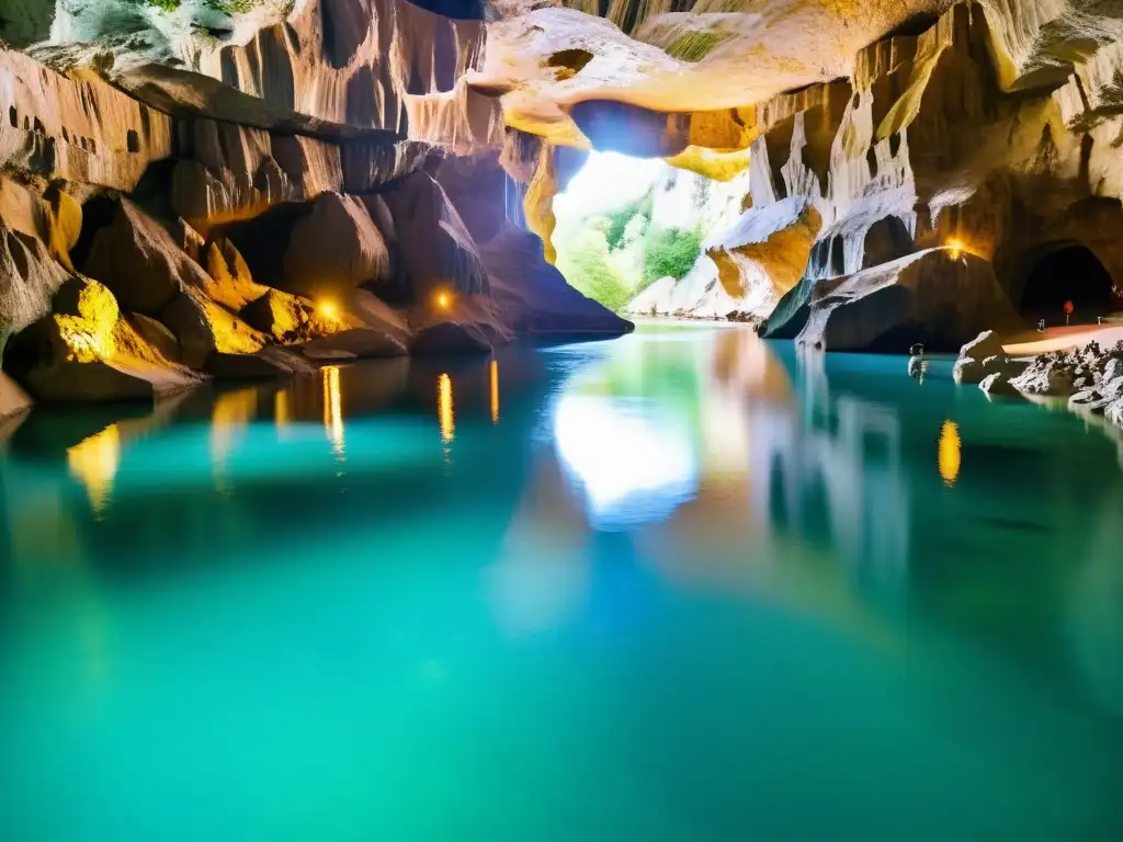 Patrimonio natural cuevas Škocjan: Majestuoso cañón subterráneo con río, formaciones rocosas y luz natural filtrada en Škocjan Caves