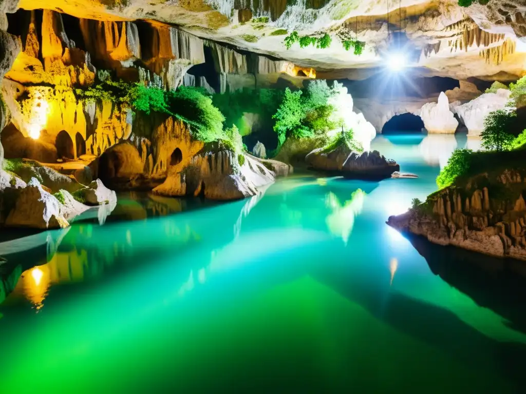 Patrimonio natural cuevas Škocjan: Sublime río subterráneo rodeado de formaciones rocosas y exuberante vegetación en las cuevas Škocjan