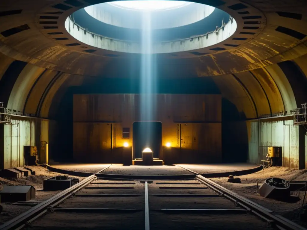 Misteriosos silos nucleares soviéticos abandonados En la penumbra de una cámara subterránea, se revelan silos de misiles nucleares oxidados y puertas masivas entreabiertas