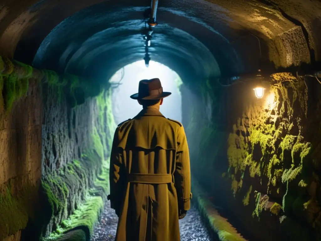 Intriga y misterio en el túnel subterráneo húmedo Figura en la penumbra de un túnel subterráneo con muros de piedra cubiertos de musgo y telarañas, evocando misterio y espionaje en redes subterráneas