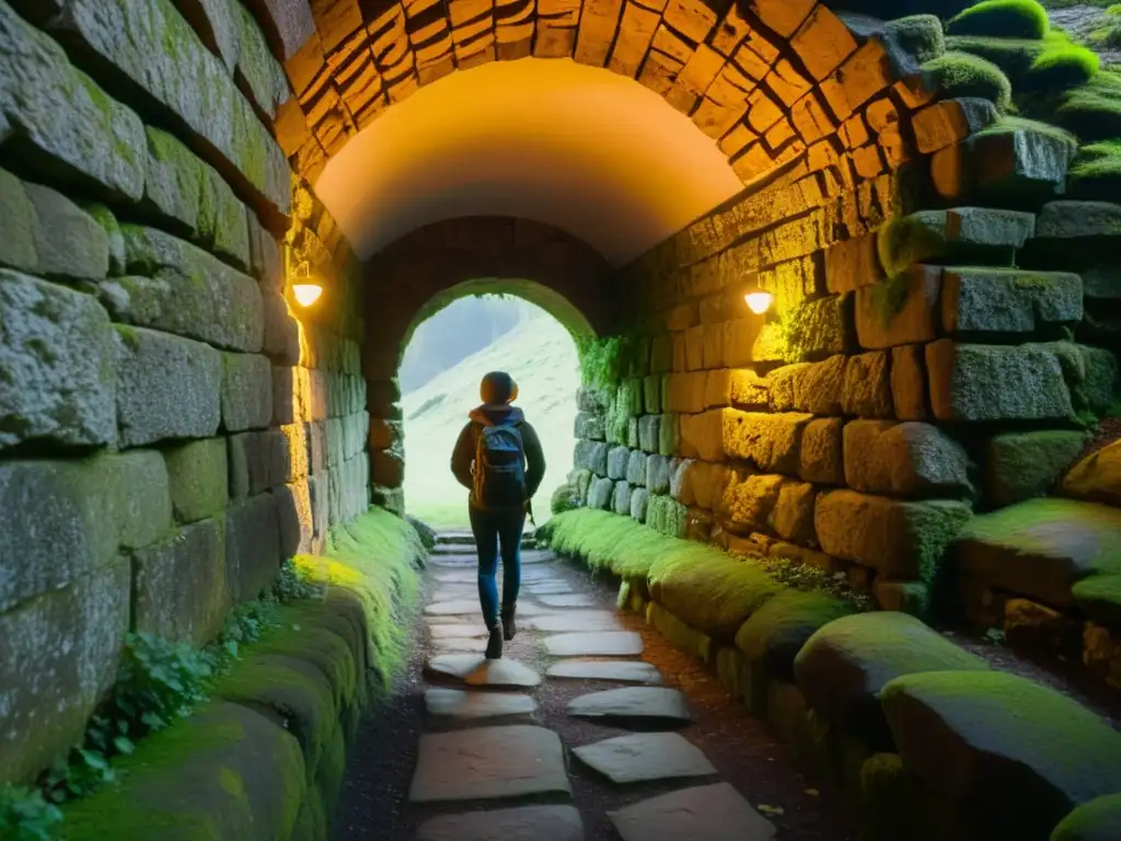 Persona superando agorafobia en túnel histórico, con expresión de determinación y temor