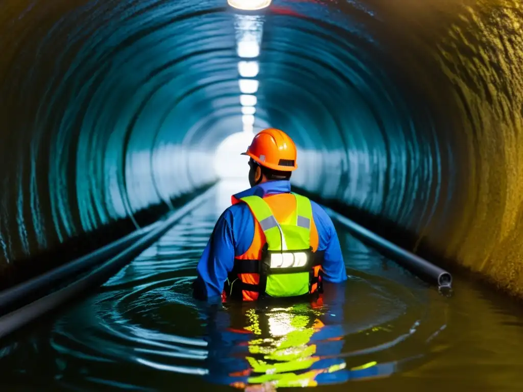 Persona con chaleco de flotación colorido navega en túnel inundado, usando linterna impermeable