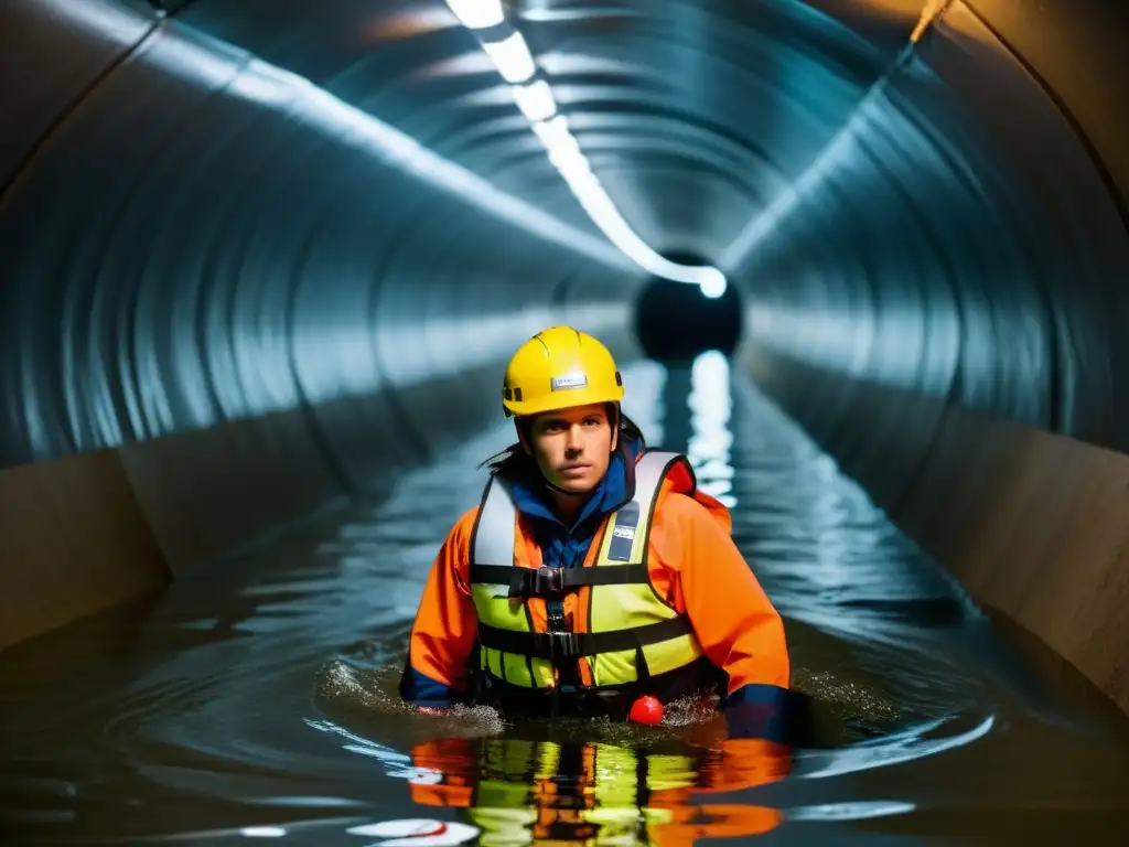 Persona con equipamiento de flotación navega un túnel inundado, mostrando determinación y preparación en entorno desafiante