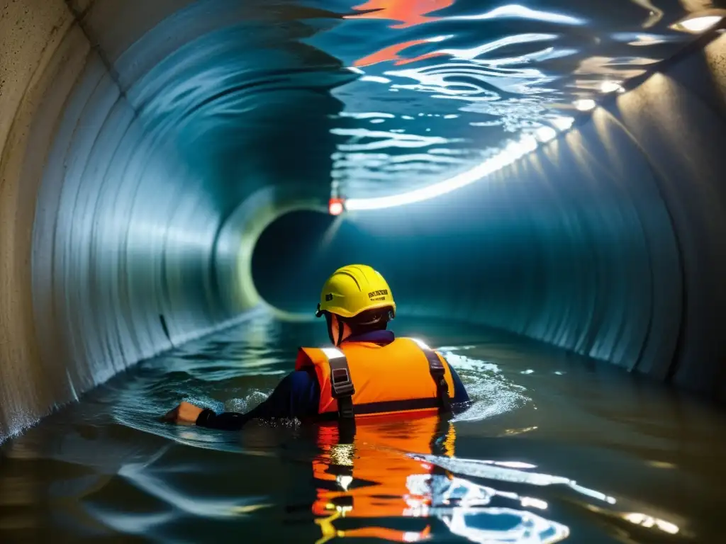 Persona con equipamiento de flotación para túneles navegando en un túnel inundado, con dramática iluminación y sombras en el agua y las paredes, ilustrando la importancia del equipamiento adecuado en condiciones desafiantes