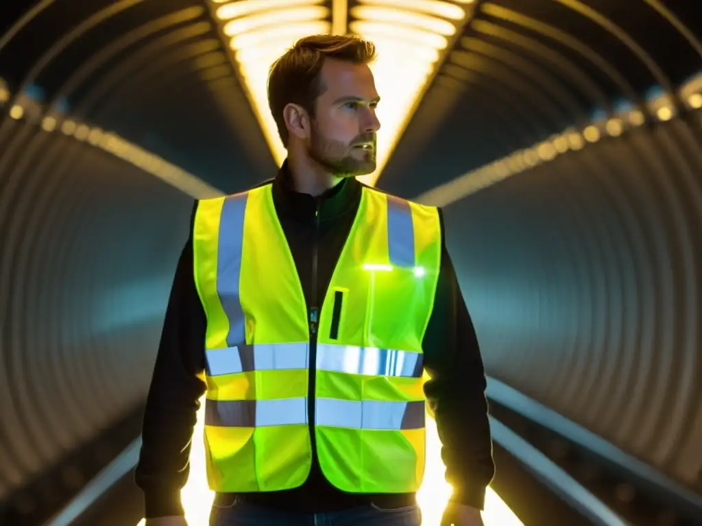 Una persona ajusta las luces LED de su chaleco reflectante en un túnel, resaltando la importancia de la visibilidad en ambientes subterráneos