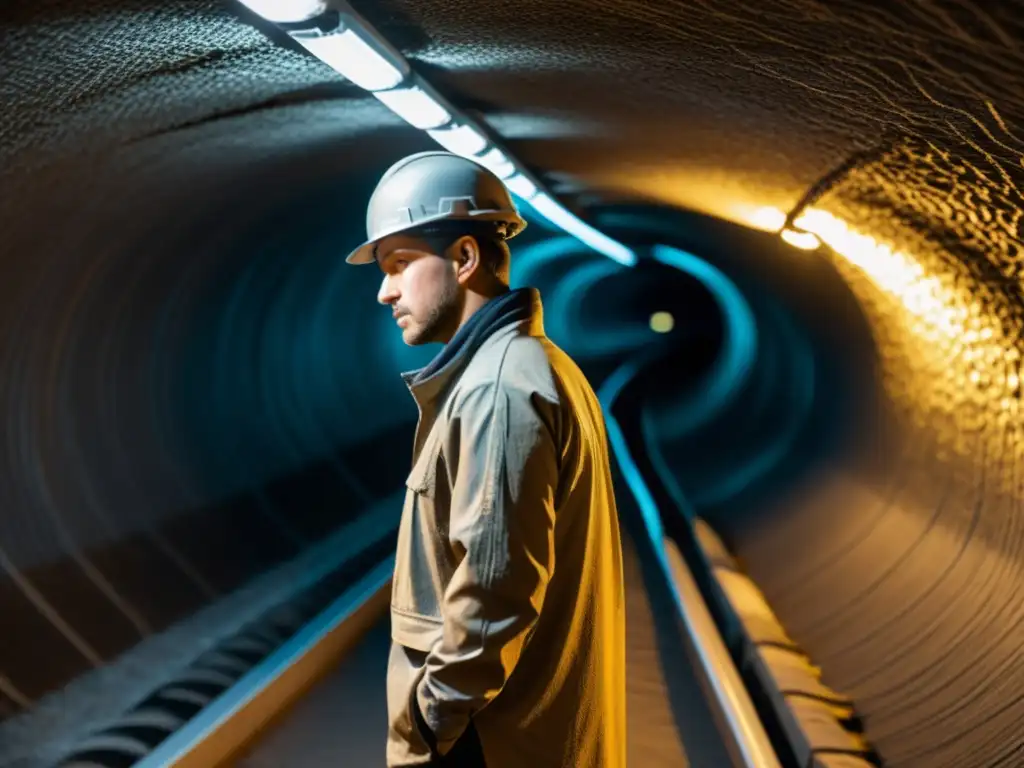 Persona inspeccionando materiales antiabrasivos para vestimenta subterránea en túnel subterráneo con textura y durabilidad destacadas bajo luz intensa