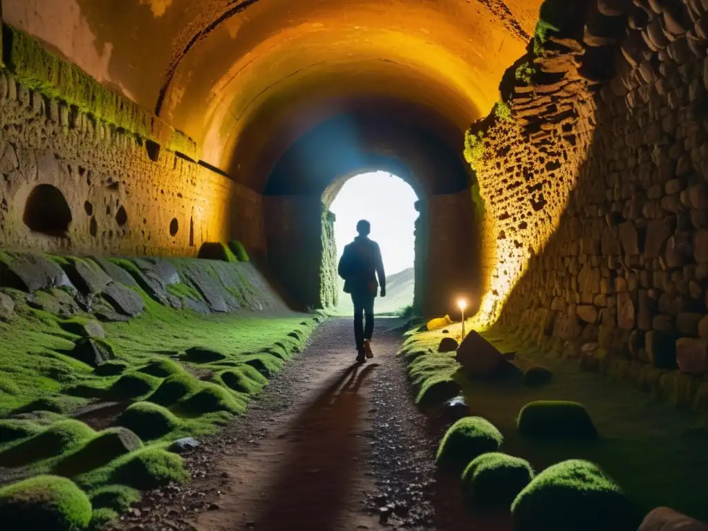 Persona caminando en un túnel histórico con luz filtrándose, rodeada de historia y emociones