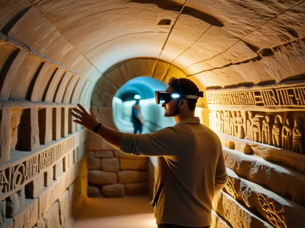 Persona explorando túnel con realidad aumentada para exploración subterránea, descubriendo historia en paredes iluminadas