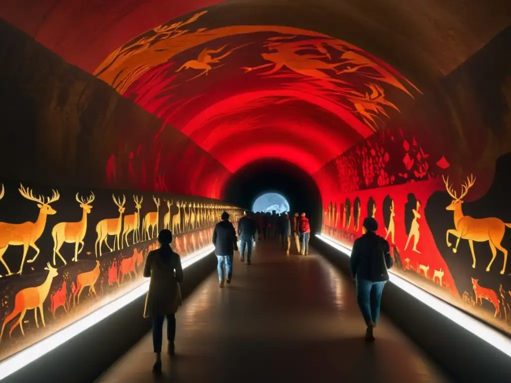 Explorando pinturas rupestres en un túnel iluminado, se revela la vida en la Edad de Piedra