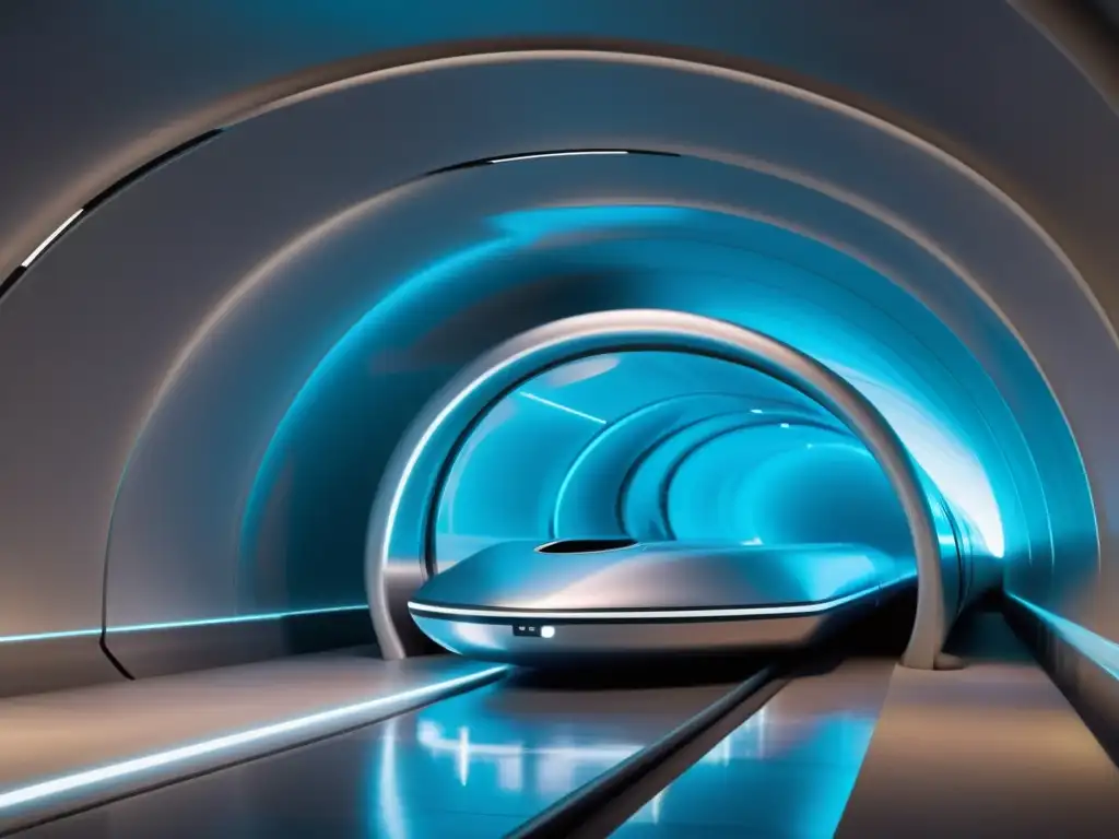 Un pod Hyperloop plateado y aerodinámico se desliza por un túnel subterráneo futurista, iluminado por una suave luz azul