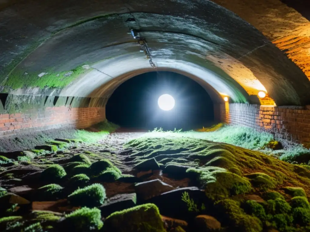 Poesía inspirada en túneles subterráneos: túnel subterráneo antiguo, iluminado por un rayo de luz, envuelto en misterio y nostalgia