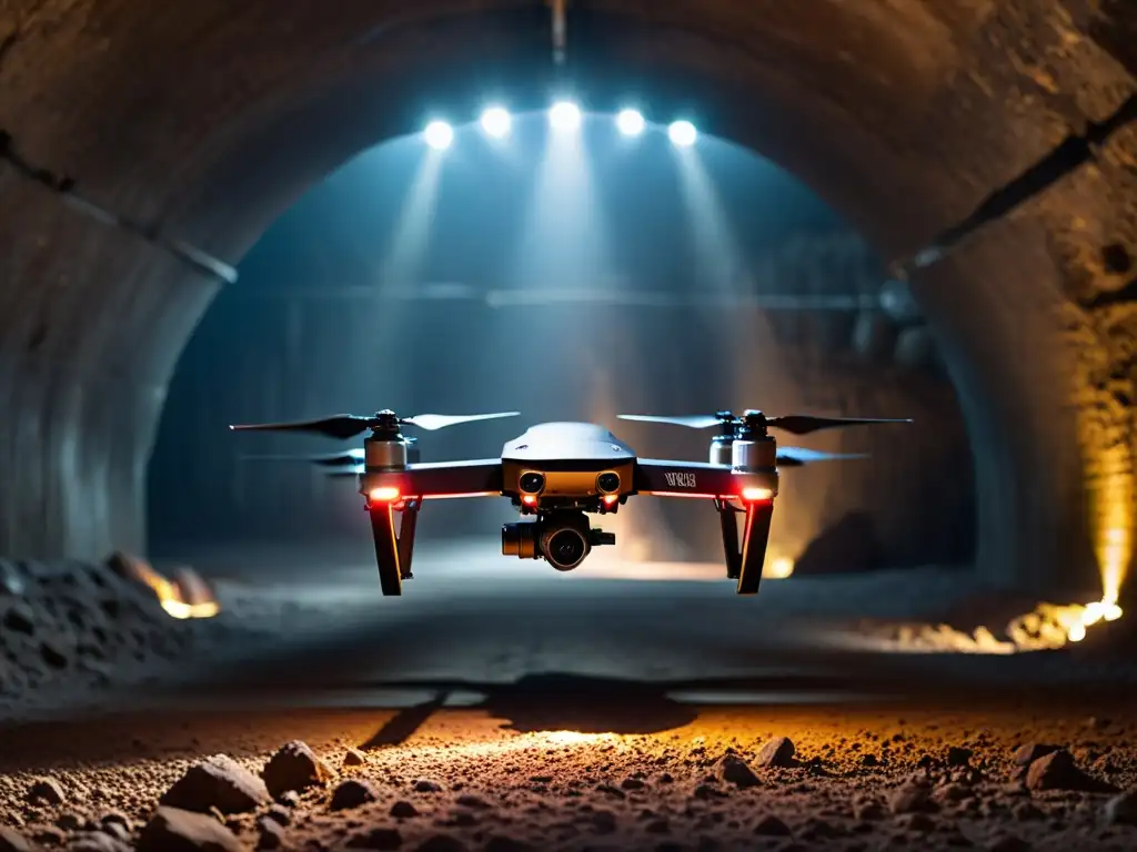 Potente dron negro con luces LED en túnel subterráneo, mostrando tecnología para exploración