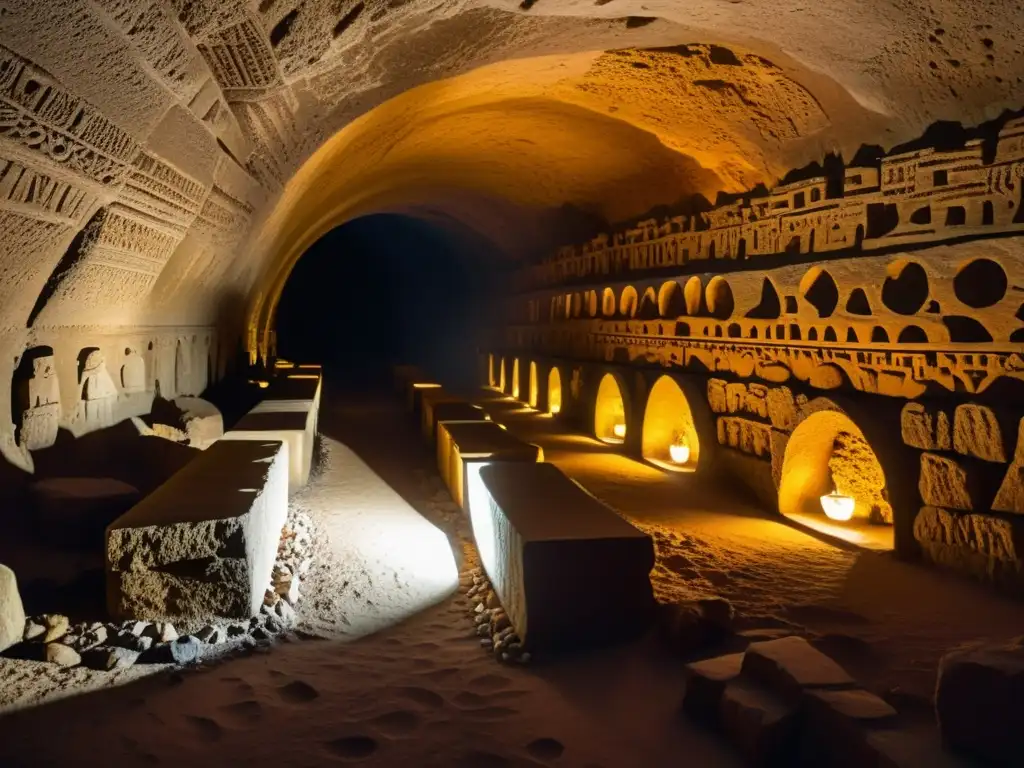 Prácticas funerarias en túneles subterráneos: Antigua cámara funeraria iluminada por antorchas en un túnel de piedra