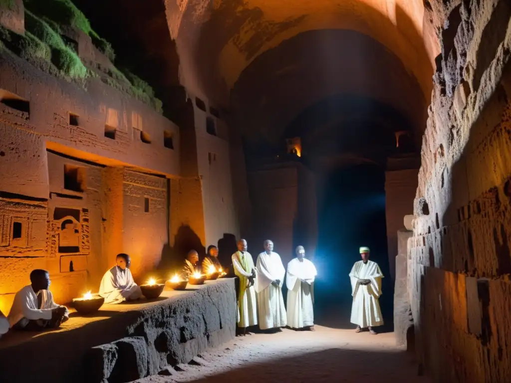 Prácticas religiosas en túneles históricos: Grupo de devotos en túnel iluminado por velas en Lalibela, Etiopía