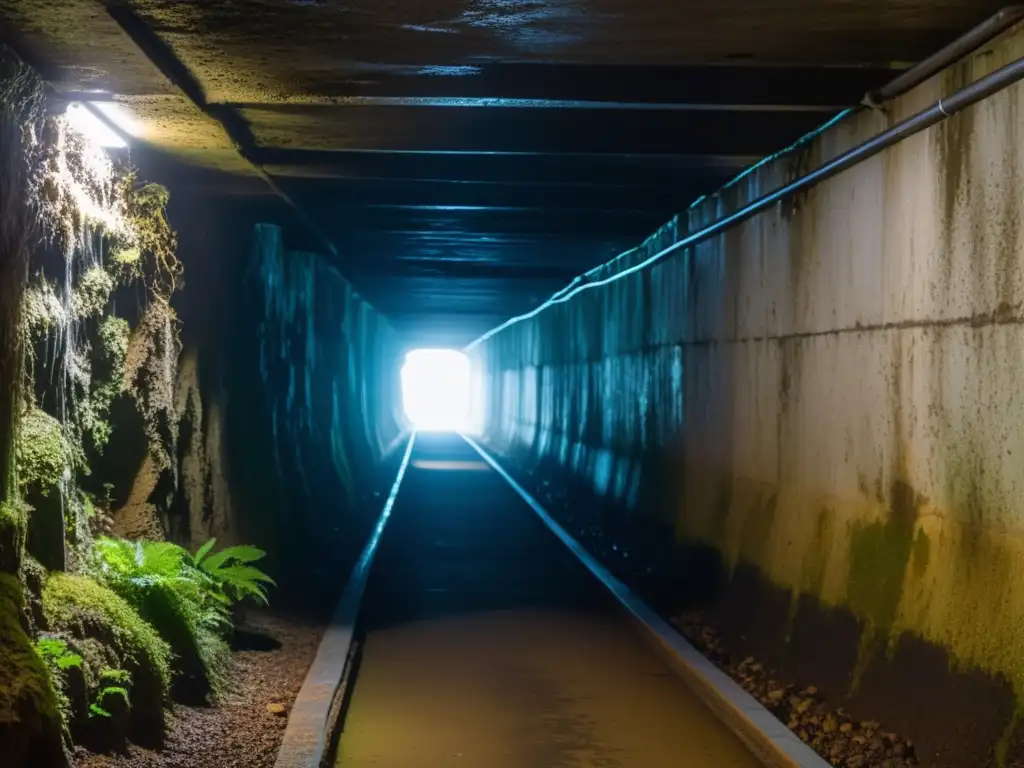 Exploración de hongos y moho en túnel subterráneo Prevención del crecimiento de hongos subterráneos en un túnel húmedo y lúgubre, con moho de colores y texturas variadas, telarañas y pequeños insectos