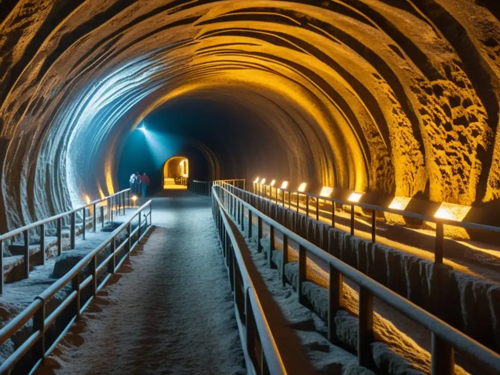 Profundidad y belleza en las minas de sal de Wieliczka, con mineros trabajando en las intrincadas cámaras iluminadas por cálida luz dorada