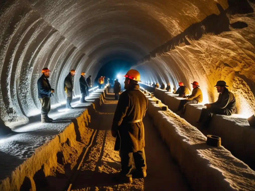 Profundos mineros trabajan en las Minas de Sal de Wieliczka, iluminados por lámparas frontales, tallando sal con herramientas tradicionales