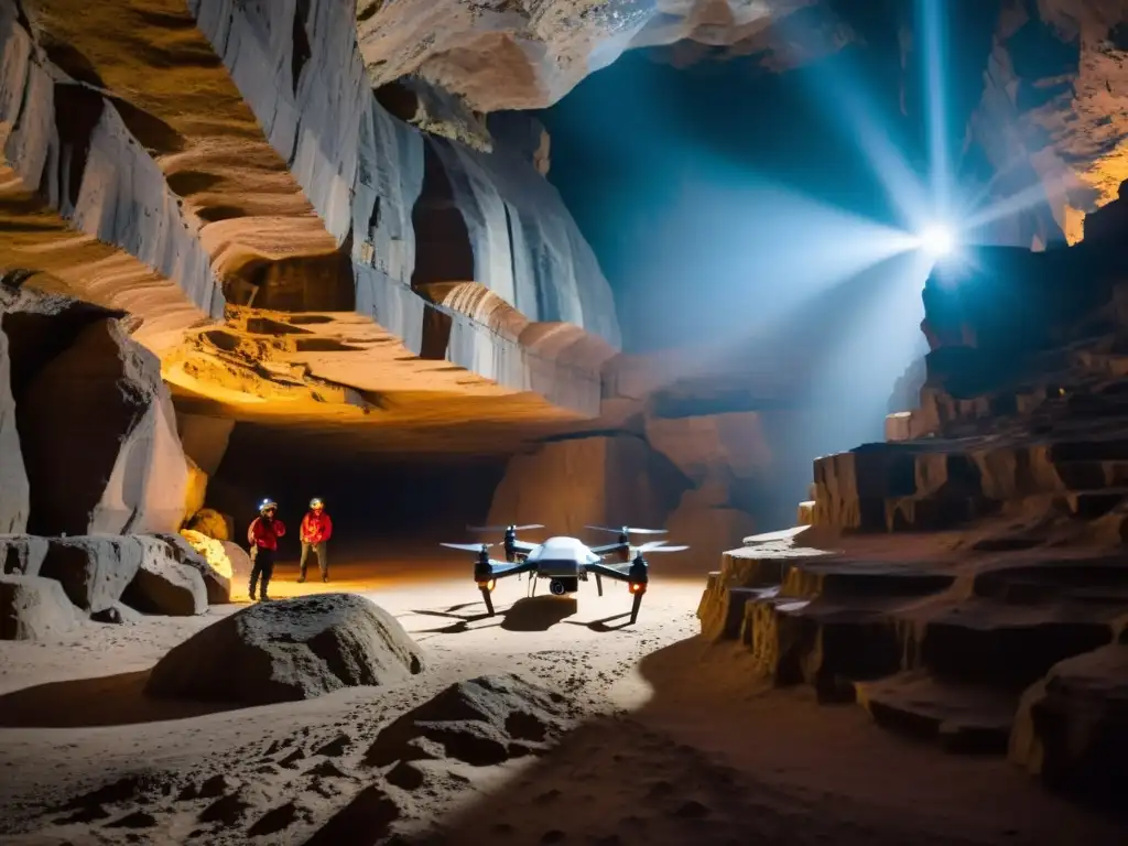 Protocolos de exploración subterránea con drones iluminan caverna rocosa, revelando formaciones impresionantes