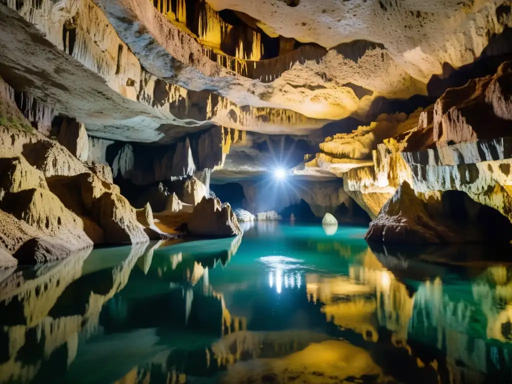 Río subterráneo de Puerto Princesa mitos: misterioso río subterráneo iluminado por formaciones rocosas, estalactitas y murciélagos en una cueva