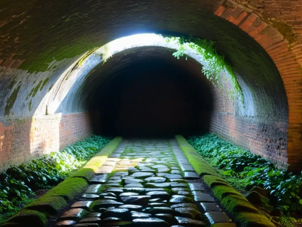 Realidad aumentada en túneles subterráneos: antiguo pasadizo iluminado, con figuras fantasmales y escenas históricas proyectadas en las paredes