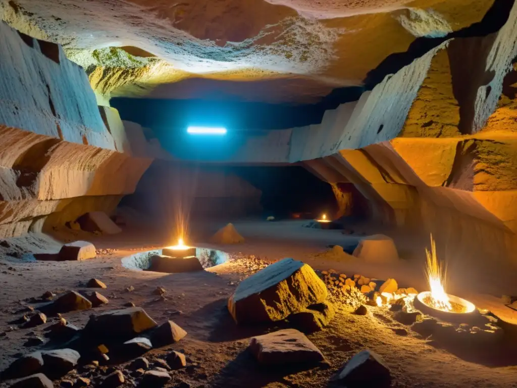 Recorrido virtual por las antiguas minas del rey Salomón, cámara subterránea iluminada por antorchas doradas, con mineros trabajando en la distancia