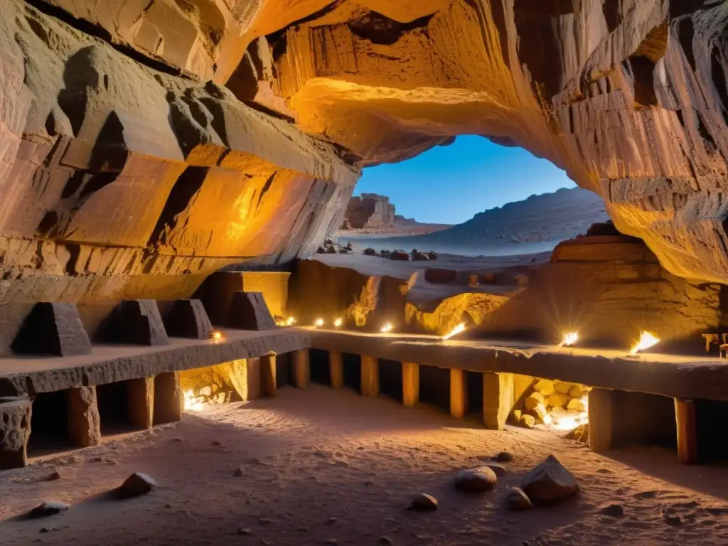 Recorrido virtual por las antiguas minas del Rey Salomón, con túneles detallados, mineros y herramientas antiguas iluminadas por antorchas en la roca