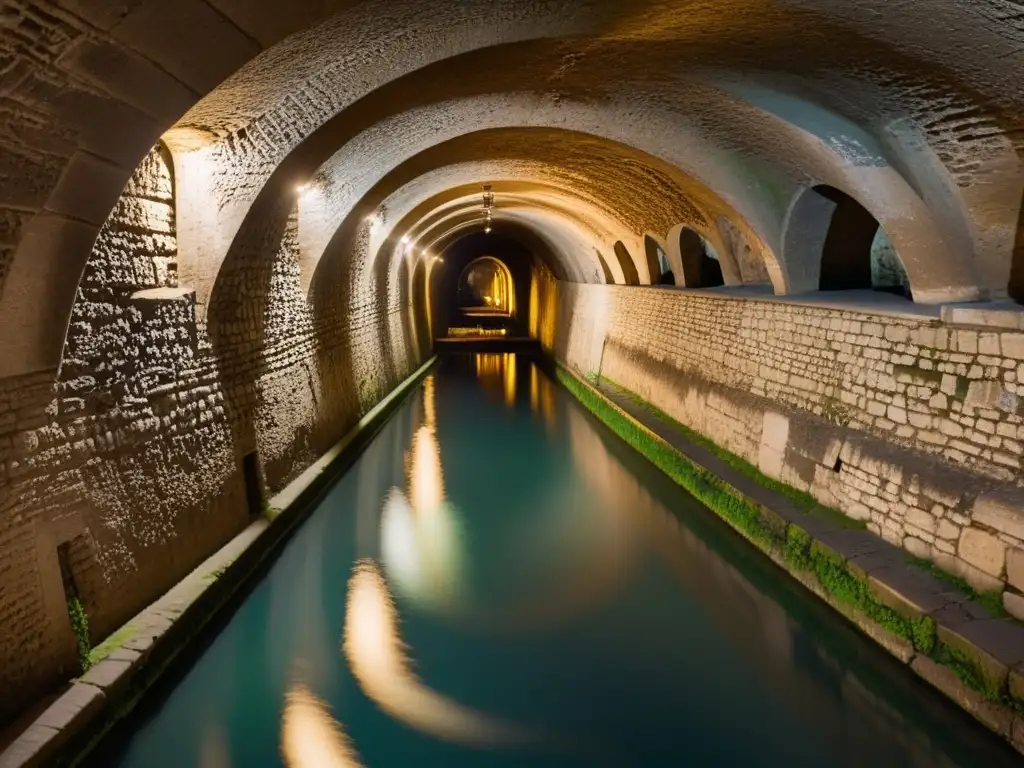 Recorrido virtual por túneles de Alcantarillado de París: Intrincadas redes subterráneas iluminadas, evocando misterio y maravilla histórica