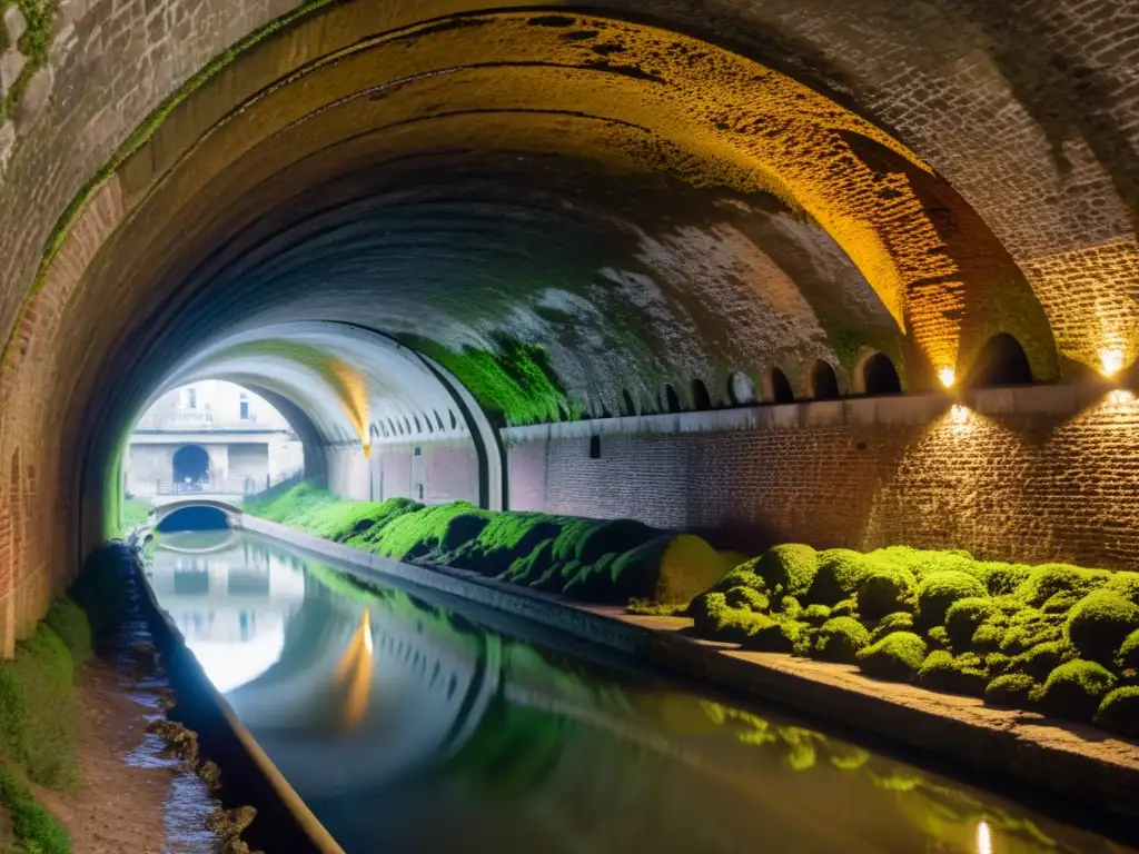 Recorrido virtual por túneles de Alcantarillado de París: Intrincado laberinto subterráneo con paredes de ladrillo cubiertas de musgo y pasajes iluminados tenue