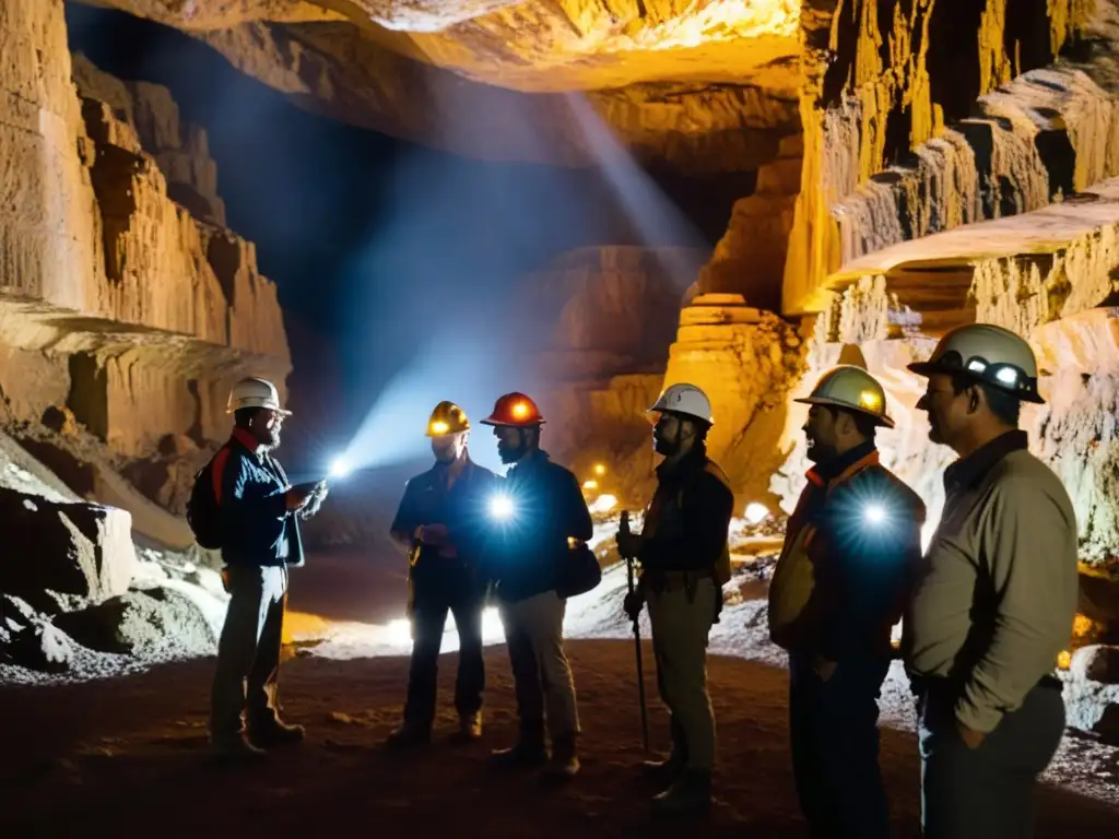 Exploración subterránea: Excursión guiada por una mina histórica Recorridos por minas históricas expertos: Guías y visitantes exploran una mina subterránea, maravillados por sus maravillas geológicas