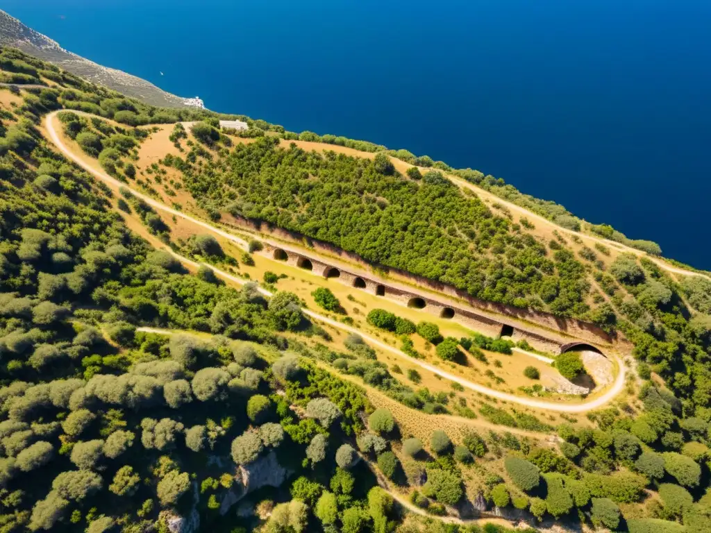 Red de antiguos túneles históricos en Grecia, ocultos entre la vegetación, evocando misterio y comercio clandestino