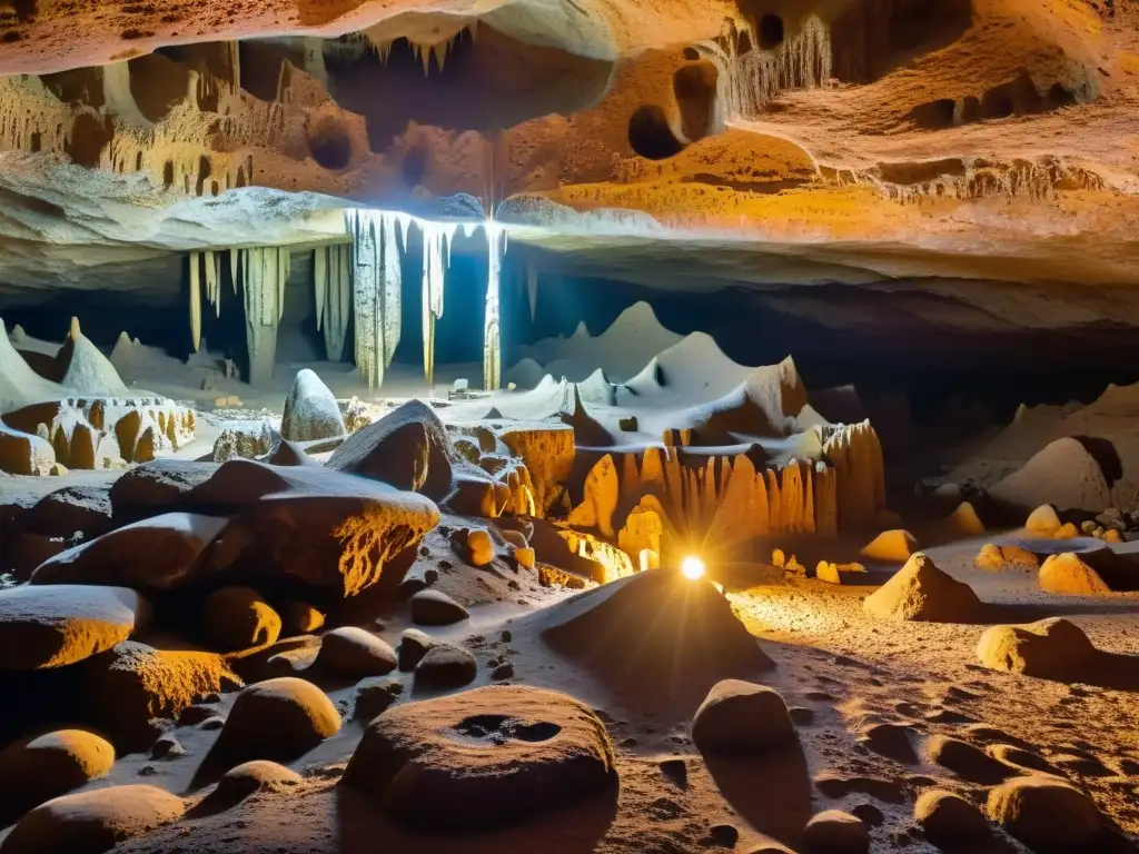 Una red intrincada de cuevas subterráneas iluminadas por luz cálida