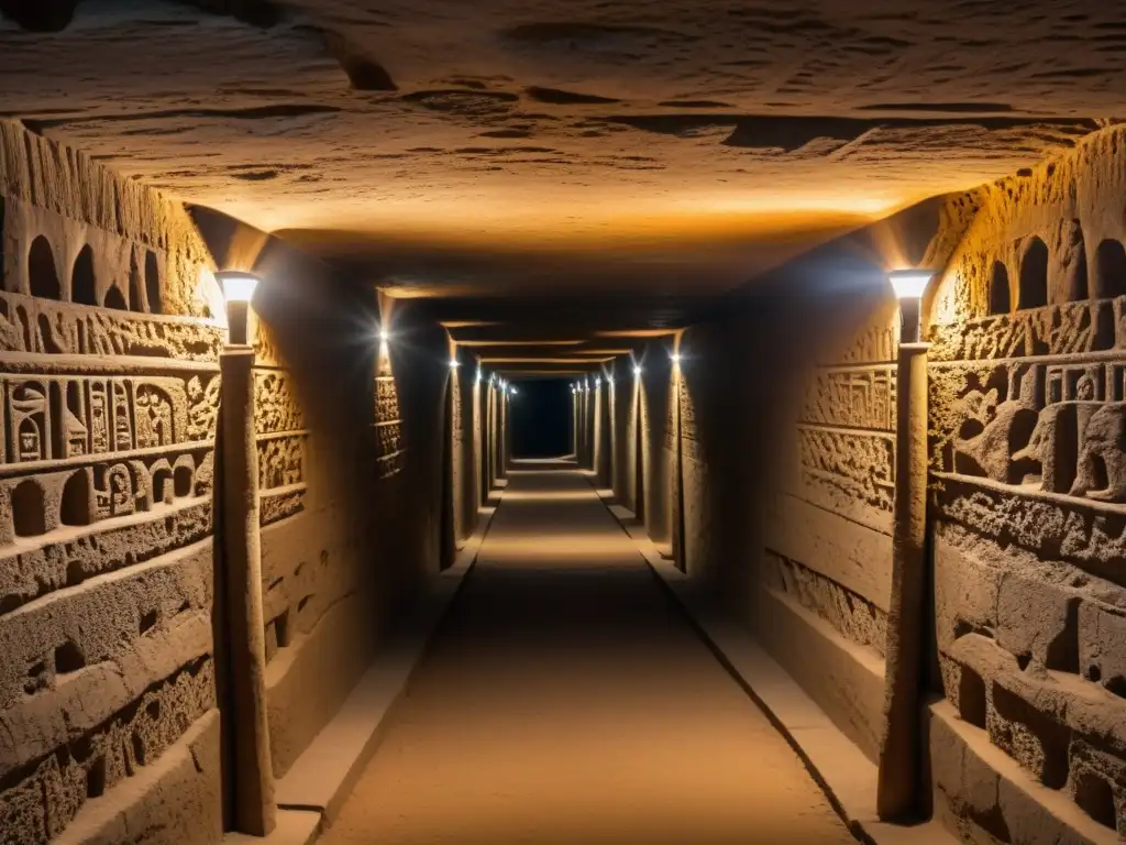 Una red subterránea de túneles en la antigua Mesopotamia, con intrincadas inscripciones en las paredes y antorchas iluminando el camino