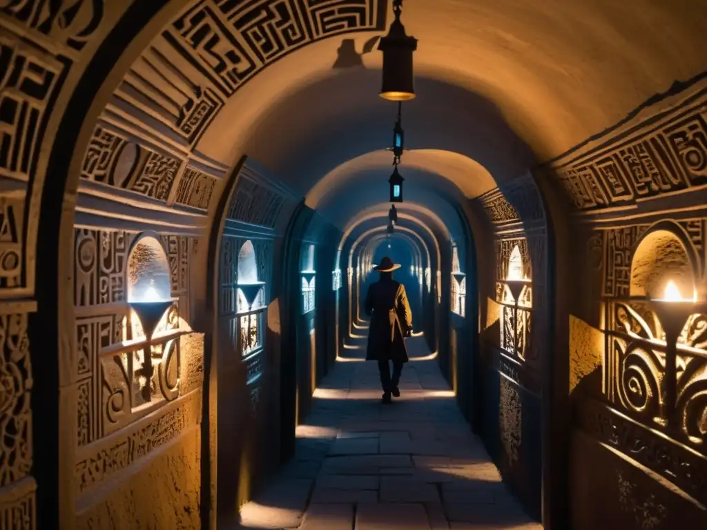 Laberinto subterráneo: secretos y misterio en la red clandestina Una red subterránea de túneles y pasajes iluminada por antorchas, con figuras en la penumbra, revela secretos de historia y espionaje