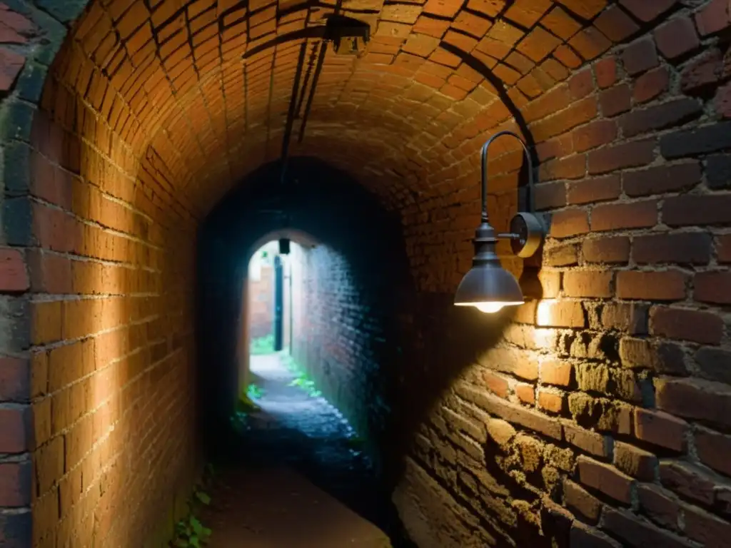 Red de túneles época victoriana Londres: ambiente misterioso y fantasmal en túnel antiguo iluminado por lámpara de gas