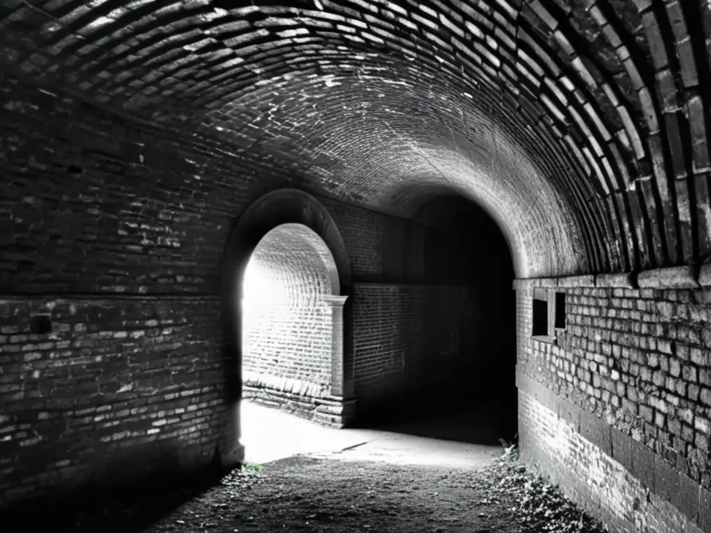 Red de túneles época victoriana Londres: Foto en blanco y negro de un túnel victoriano con telarañas, luces y sombras, evocando misterio y belleza