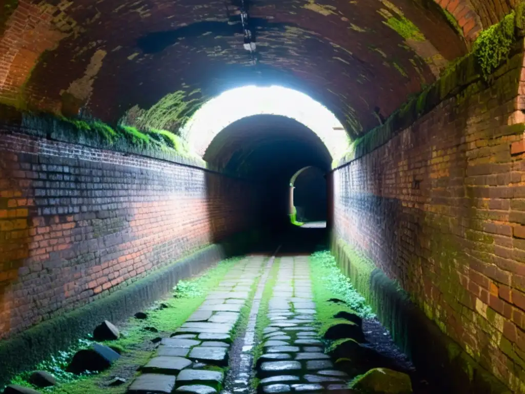 Red de túneles de la época victoriana en Londres: pasadizos subterráneos, ladrillos desgastados, luz tenue y misterio en la atmósfera