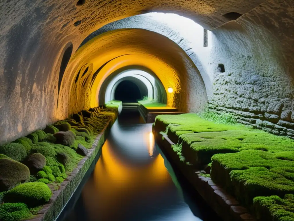 Red de túneles históricos con gestión de aguas, iluminados por luz natural filtrada y cubiertos de musgo, creando un ambiente misterioso y fascinante