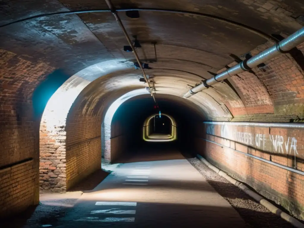 Explora la red de túneles históricos de Berlín en una atmósfera misteriosa y llena de historia, con luces tenues y sombras alargadas