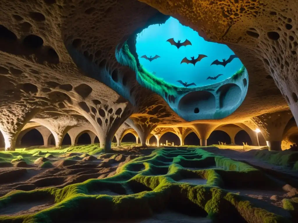 Redes antiguas: misterio y belleza subterránea Red de túneles subterráneos antiguos iluminados por hongos bioluminiscentes, murciélagos crean patrones con sus alas