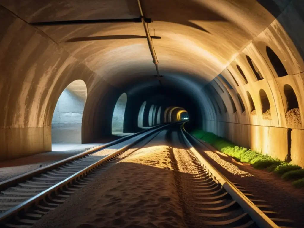 Explora la red de túneles subterráneos históricos con detalles arquitectónicos, luces, sombras y la misteriosa vida natural