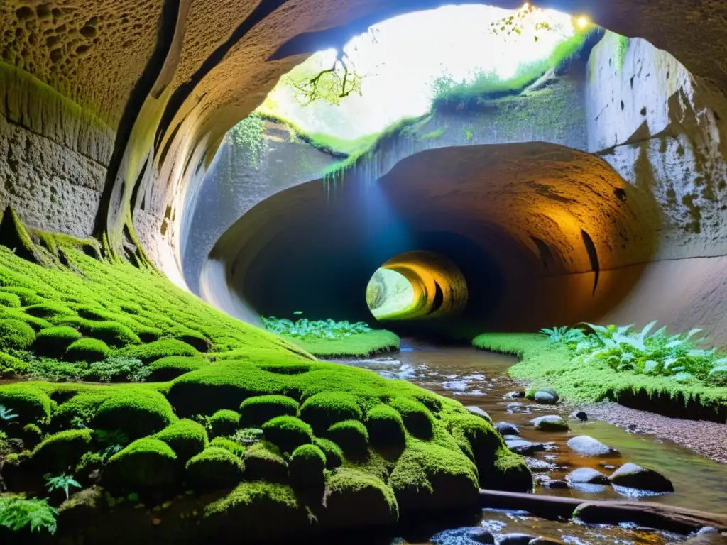 Red de túneles subterráneos con raíces de árboles antiguos, iluminados por luz natural