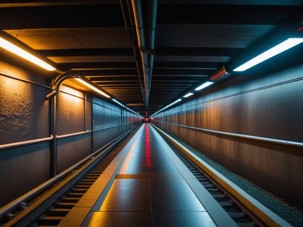 Red urbana subterránea de Montreal: Fotografía detallada de los túneles subterráneos, con pasillos industriales, luces y sombras