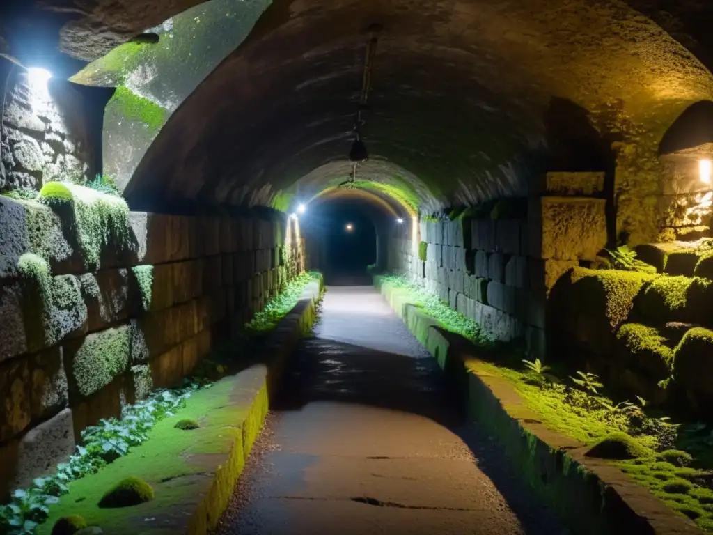 Misteriosas catacumbas: antiguo túnel subterráneo iluminado por antorchas Redes subterráneas de espionaje e historia: Un túnel oscuro y misterioso con antorchas, paredes de piedra cubiertas de musgo y una puerta entreabierta